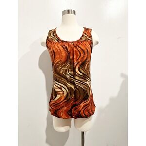 Vintage Agenda Y2K Orange and Brown Abstract Swirl Print Scoop Neck Tank - Large